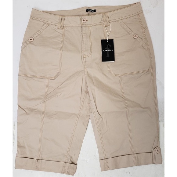 Flamingals 2XL Capri Pants Tan Khaki Womens Plus Size Cuffed Utility - Picture 1 of 3